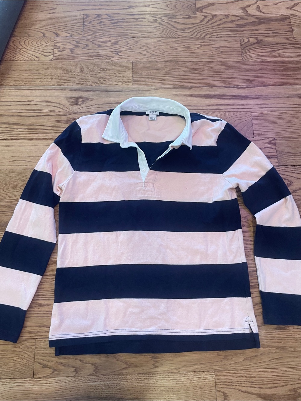 J. Crew Navy and Pink Striped Rugby Polo
